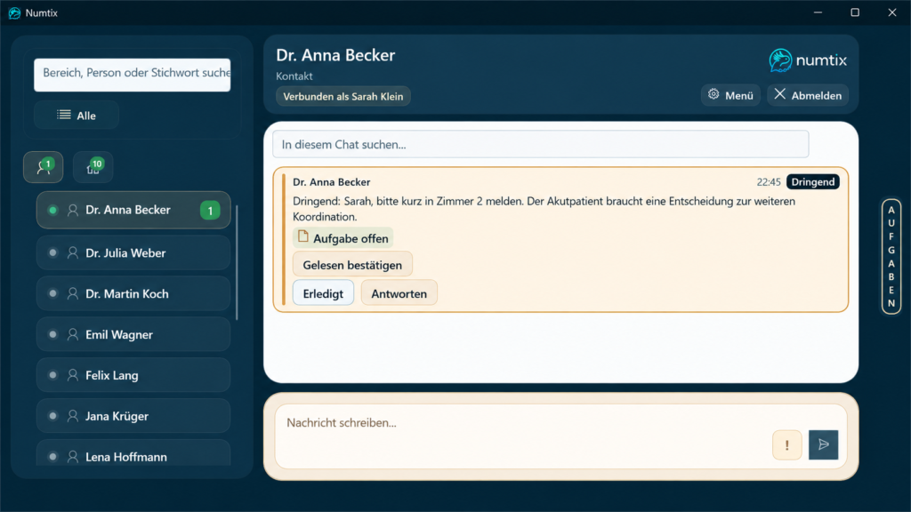 Dringende Numtix-Nachricht im Chat mit Lesebestätigung, Antwort und Aufgabenstatus