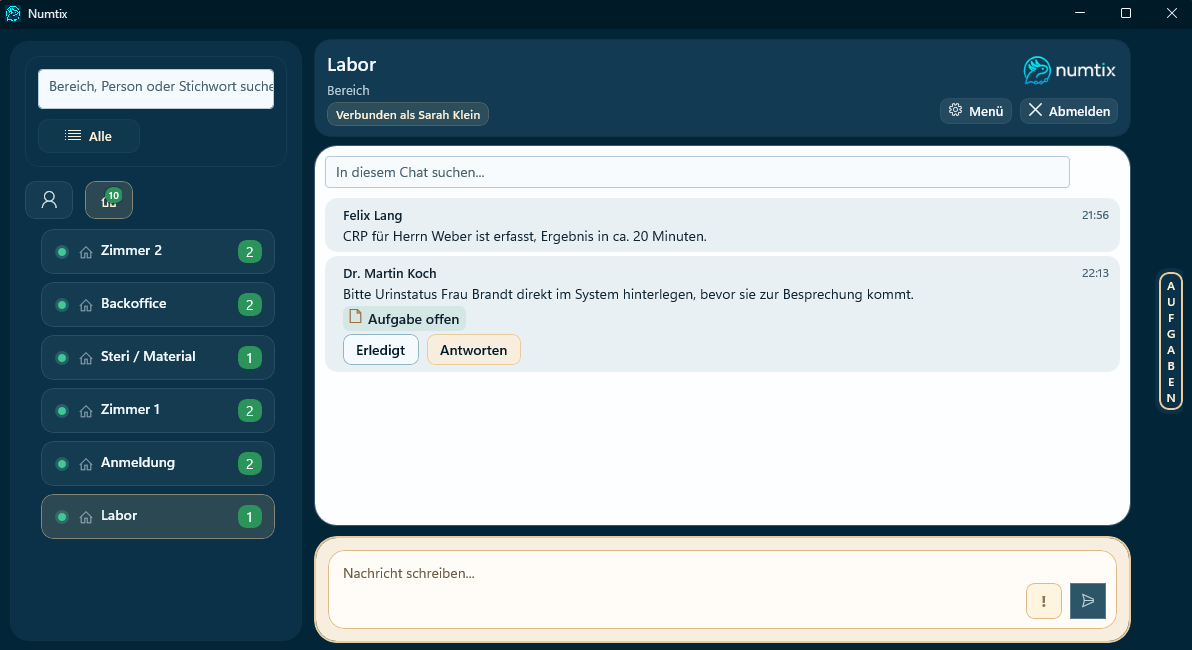 Numtix Client mit Bereichskommunikation, Chatverlauf und offenen Aufgaben nach Unternehmensbereichen