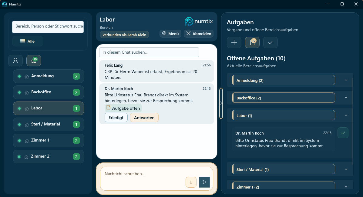 Numtix Client mit Bereichschat und sichtbaren offenen Aufgaben