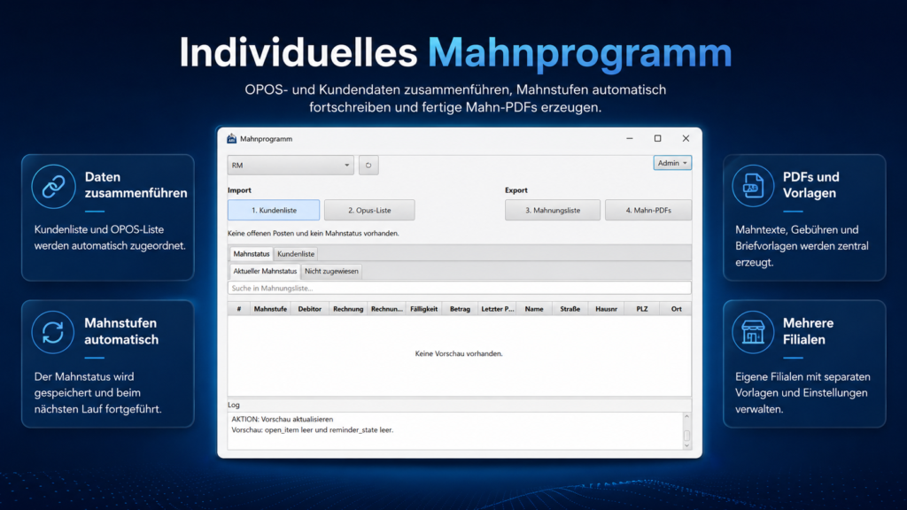 Individuelles Mahnprogramm zum Zusammenführen von Kunden- und OPOS-Daten, automatischen Fortschreiben von Mahnstufen und Erzeugen von Mahn-PDFs