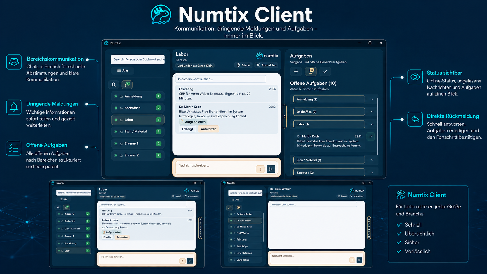 Numtix Client mit Bereichskommunikation, dringenden Meldungen, offenen Aufgaben und direkter Rückmeldung